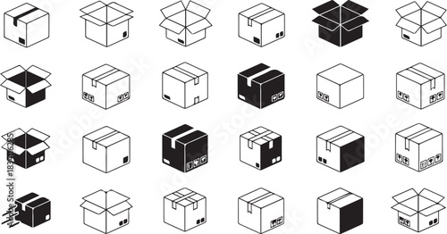 Isometric cardboard box vector icon set for delivery and moving services
