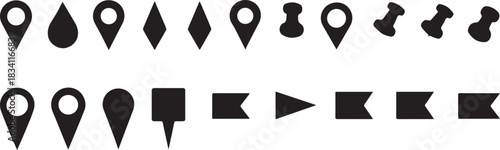 Map marker and navigation icon collection in minimalist black design style