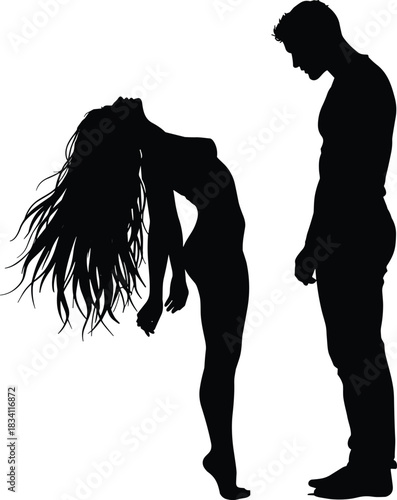 Silhouette of couple standing, emotional moment, man and woman interaction, dramatic body language, long hair, expressive pose, relationship, passion, intensity
