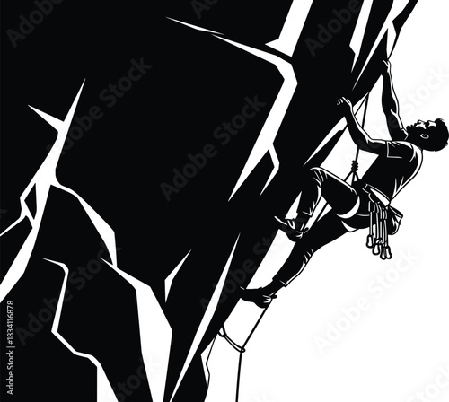 Silhouette of climber scaling steep rock face, extreme sport, adventure, mountain climbing, courage, determination, outdoor activity, safety harness, challenging ascent