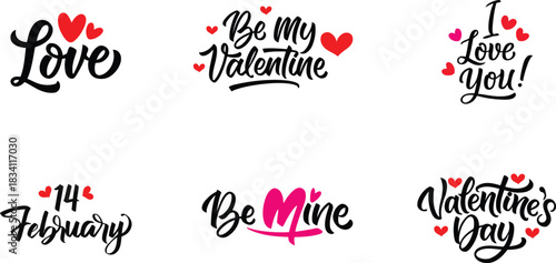Valentine’s Day Romantic Lettering Set – Love Quotes, Calligraphy Phrases, and Heart, vector illustration