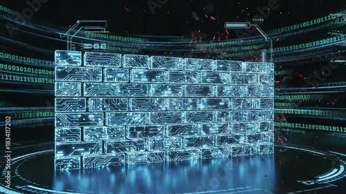Firewall protection animation showing digital brick wall destruction, ideal for technology, cybersecurity, digital security concepts in videos, presentations.