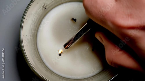 A man lights a triple holiday candle with a lighter