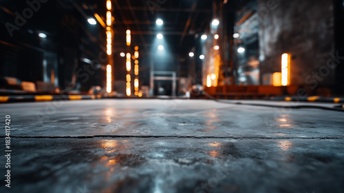 disavowal. Construction site with abstract industrial elements, metal and concrete textures, and dramatic side lighting. real-estate listings.