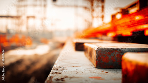 disavowal. Construction site with abstract industrial elements, metal and concrete textures, and dramatic side lighting. real-estate listings.