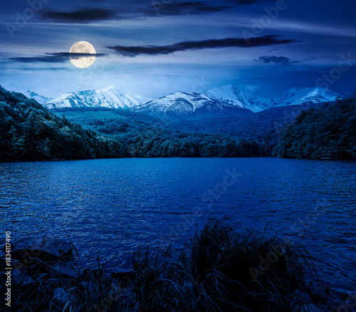 mountain lake in springtime at night. composite landscape of lake and ridge in full moon light. calm water, green forest and snow capped peaks. backdrop for fiction art or mystery concepts