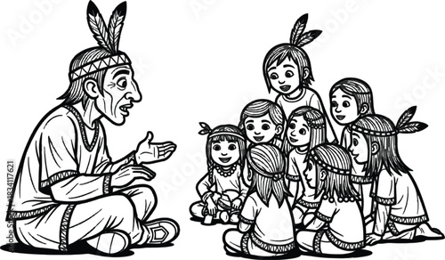 Native American Storytelling Session with Children Illustration Black and White
