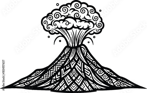 Artistic depiction of an erupting volcano with swirling smoke patterns