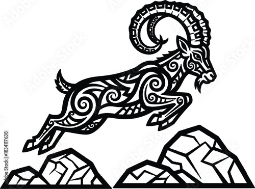 Stylized mountain goat illustration leaping over rocky formations artful design