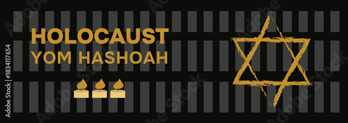 Holocaust Yom Hashoah memorial symbol with candles and Star of David on dark bg. Vector illustration