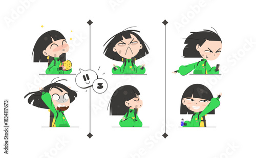 School Skater Girl Emotion Set with Six Expressions from Joy and Fear to Disgust, Cute Cartoon Half-Body Character with Backpack Skate for Creative Projects and Design