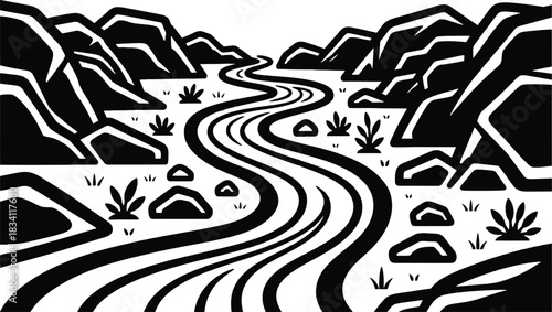 Stylized winding river through rocky mountains black and white illustration