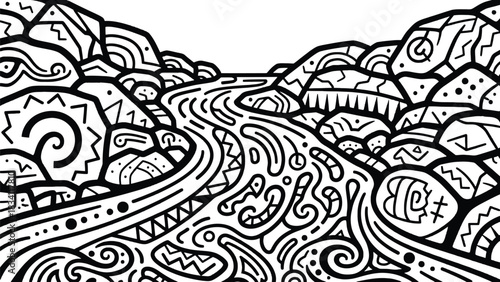 Doodle art illustration showcasing a river winding through mountains, black and white