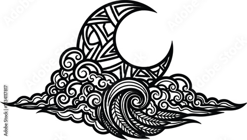 Ornate moon and cloud illustration in black and white line art design