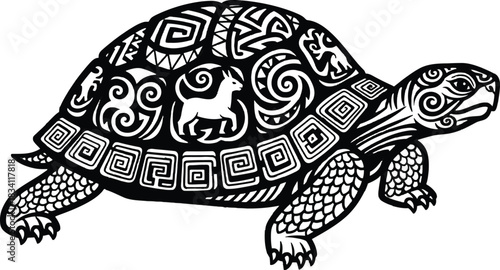 Ornate turtle illustration featuring intricate geometric and animal patterns