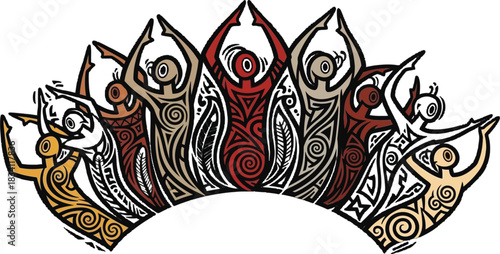 United figures in ornate tribal style creating a colorful arch design