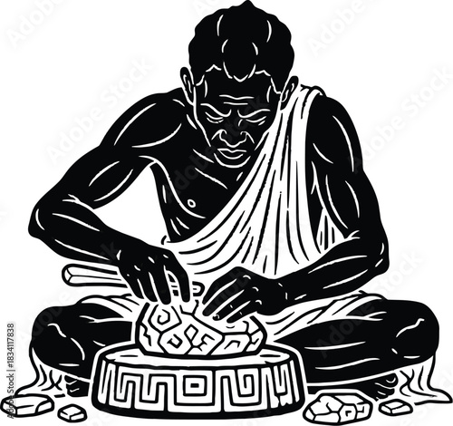 Ancient artisan meticulously shaping stone in traditional craftmanship