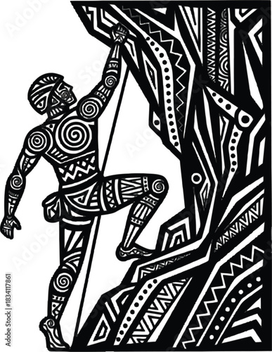 Monochromatic tribal style rock climber illustration in bold patterned design