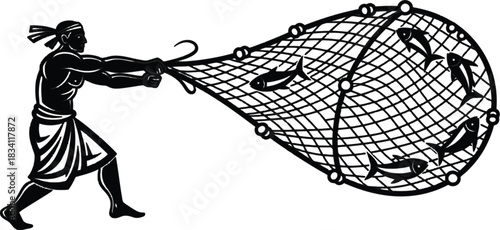 Monochrome depiction: fisherman casting net filled with fish silhouettes
