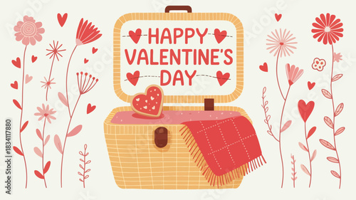 Happy valentine s day picnic basket with flowers and hearts