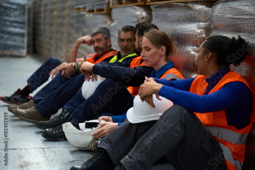 Warehouse workers taking a rest break on floor