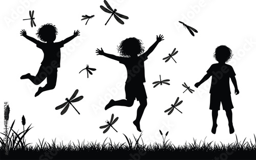 Silhouette of children playing and jumping with dragonflies in nature, summer meadow fun, outdoor kids scene, happy childhood vector illustration.