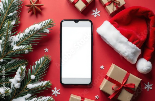 Smartphone mockup on a red background, santa's hat, fir branches and christmas gifts. Christmas shopping online concept. smartphone with blank display screen with mockup. copy space