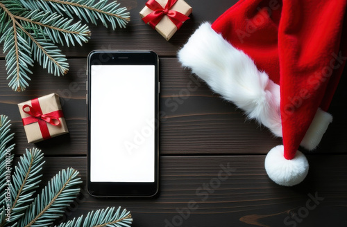 Smartphone mockup on a dark wooden background, santa's hat, fir branches and christmas gifts. Christmas shopping online concept. smartphone with blank display screen with mockup. copy space