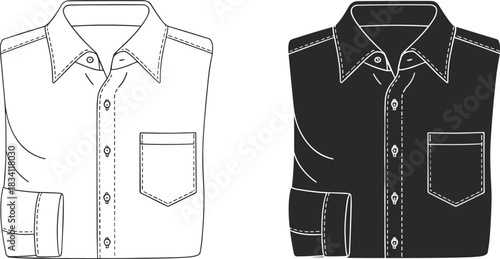 Folded collared shirt in black and white line art fashion illustration clothing