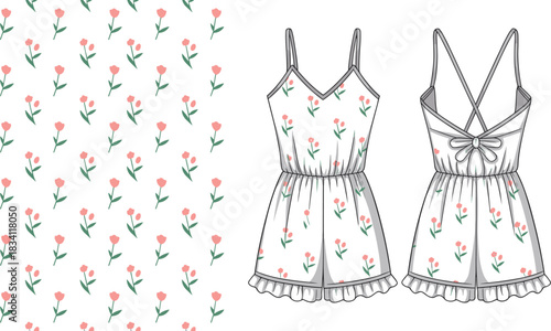 Floral Pattern and White Romper Fashion Flat Sketch Front and Back Views jumpsuit short