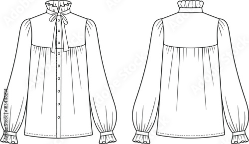 Front and Back Fashion Flat Sketch of a White Ruffled Neck Blouse with Bow shirt women