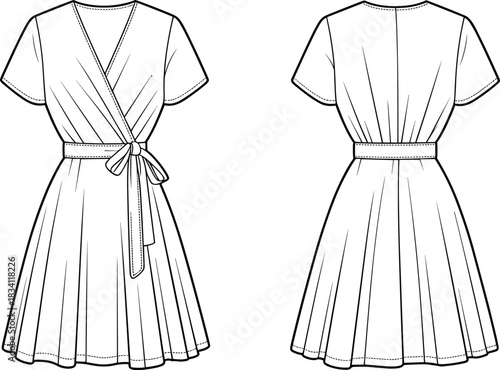 Front and Back Fashion Flat Sketch of a White Wrap Dress with Tie Belt women apparel