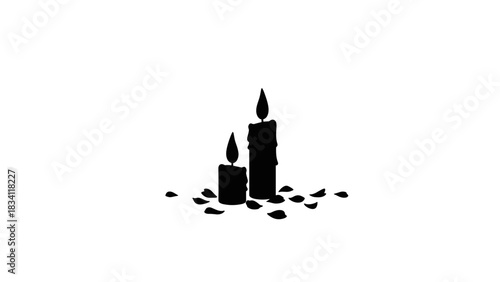 Silhouette of two black candles with petals on a transparent background 