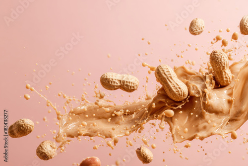 Dynamic splash of peanut butter with peanuts against a soft pink background, This eye-catching image features peanuts and peanut butter in a creative and appetizing display.