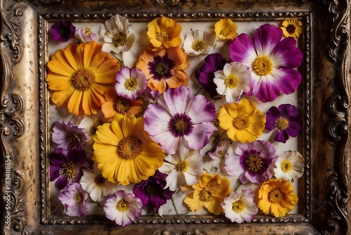 Floral Symphony: A vibrant collage of pressed flowers, each petal meticulously preserved within a vintage frame, a timeless artwork that exudes natural elegance.