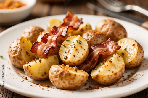 Potato and Bacon Delight: A plate is filled with golden-brown potatoes and crispy bacon, garnished with herbs and spices. Perfect for a delicious meal or snack.