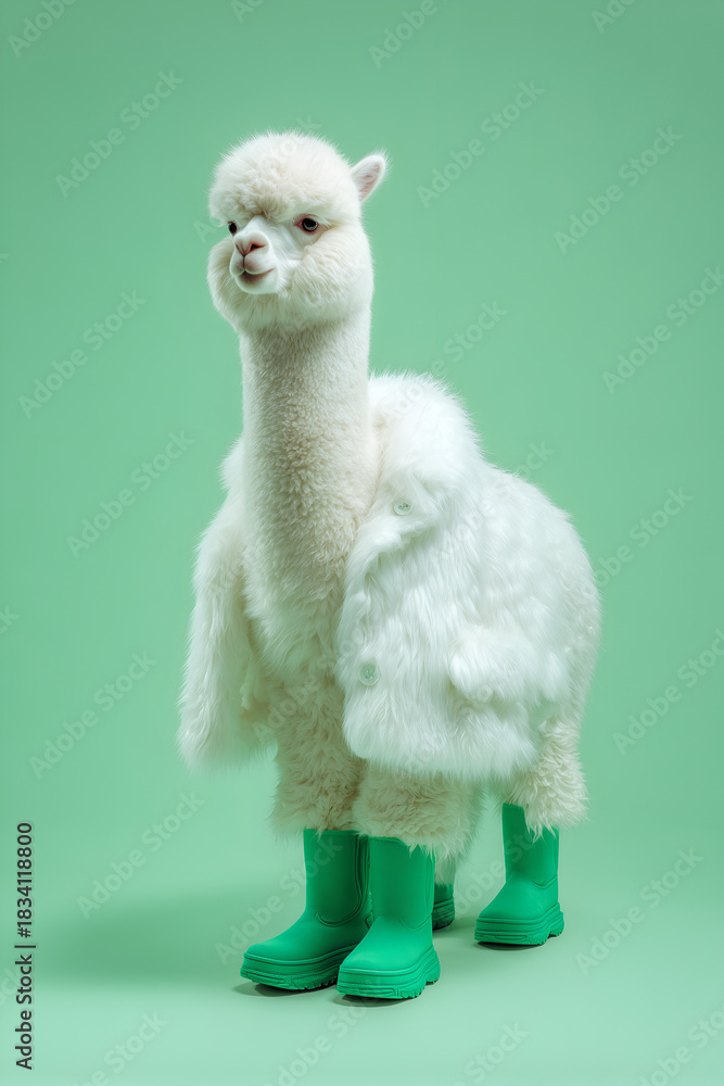 Obraz premium An alpaca dressed in a fur coat and boots, charming winter holiday fashion look.