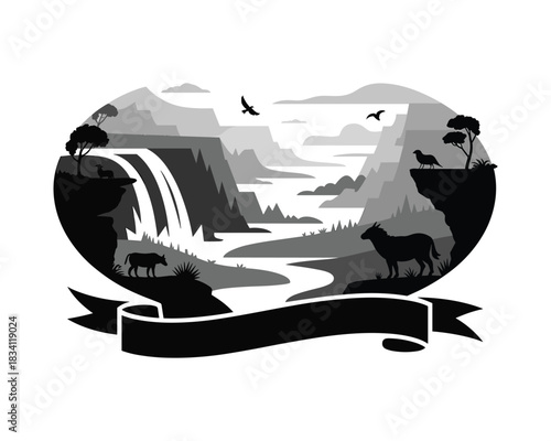 Monochrome landscape with waterfall mountains sheep and birds in circular design
