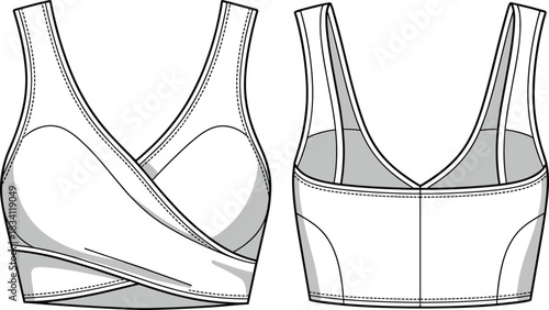 Front and back flat sketch of a white crisscross wrap sports bra with wide straps apparel clothing