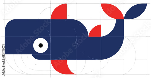 Stylized geometric whale illustration composed of blue and red shapes on a white grid