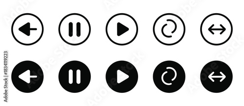 Play, pause, replay, previous, and next track icon vector featuring multimedia control elements for video apps, streaming platforms, UIUX design