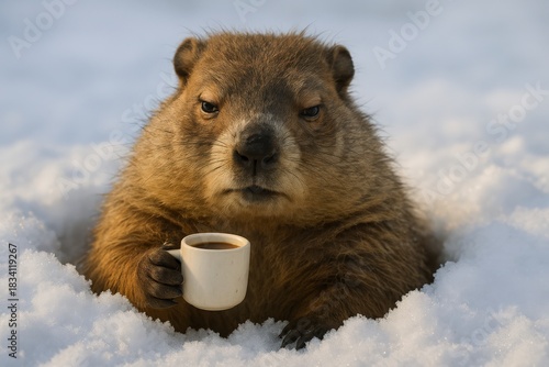 A Groundhog Enjoys a Cozy Moment in the Snow Holding a Small Cup of Coffee While Gazing at the Surroundings with a Content Expression