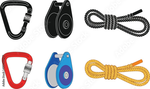 Climbing and outdoor gear carabiners ropes and quickdraws on white background