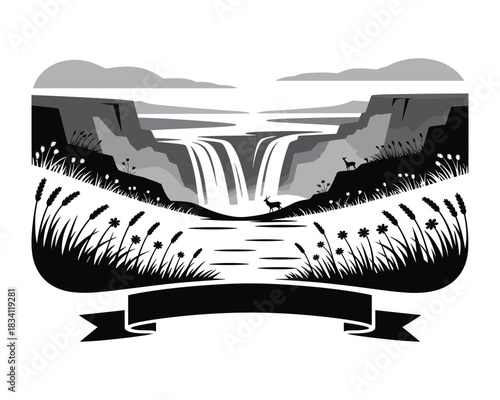 Monochromatic waterfall landscape with deer and ribbon banner illustration