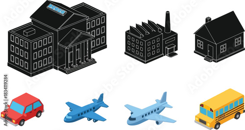 Isometric cityscape elements buildings vehicles and transportation icons