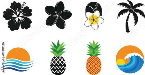 Tropical summer icons set with hibiscus plumeria palm tree pineapple and sunset