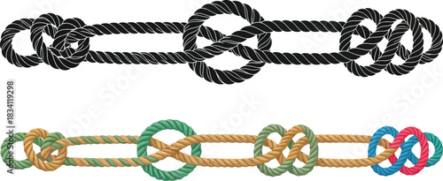 Two nautical rope knot illustrations in black and white and color