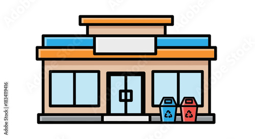 Illustration of a small business building with recycling bins