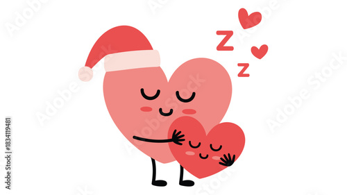Cute sleeping hearts hugging wearing santa hat
