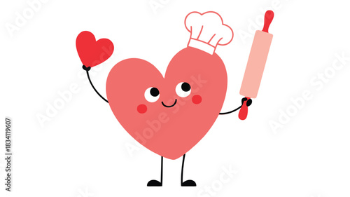 Cute heart character wearing a chef hat holding a rolling pin and a heart balloon
